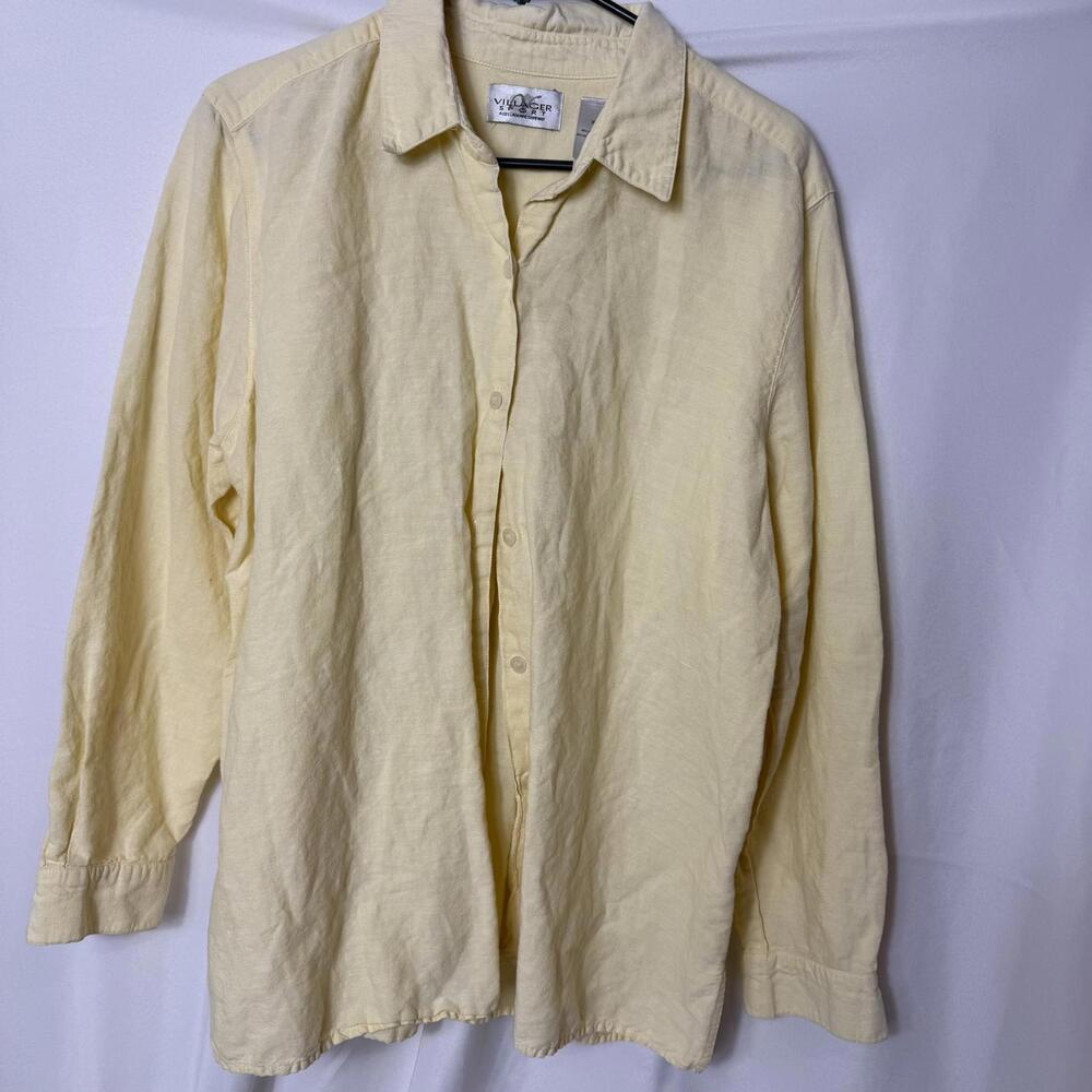 VILLAGER SPORT Shirt Womens XL Yellow‎ Linen Cotton Blend Collared Button Up